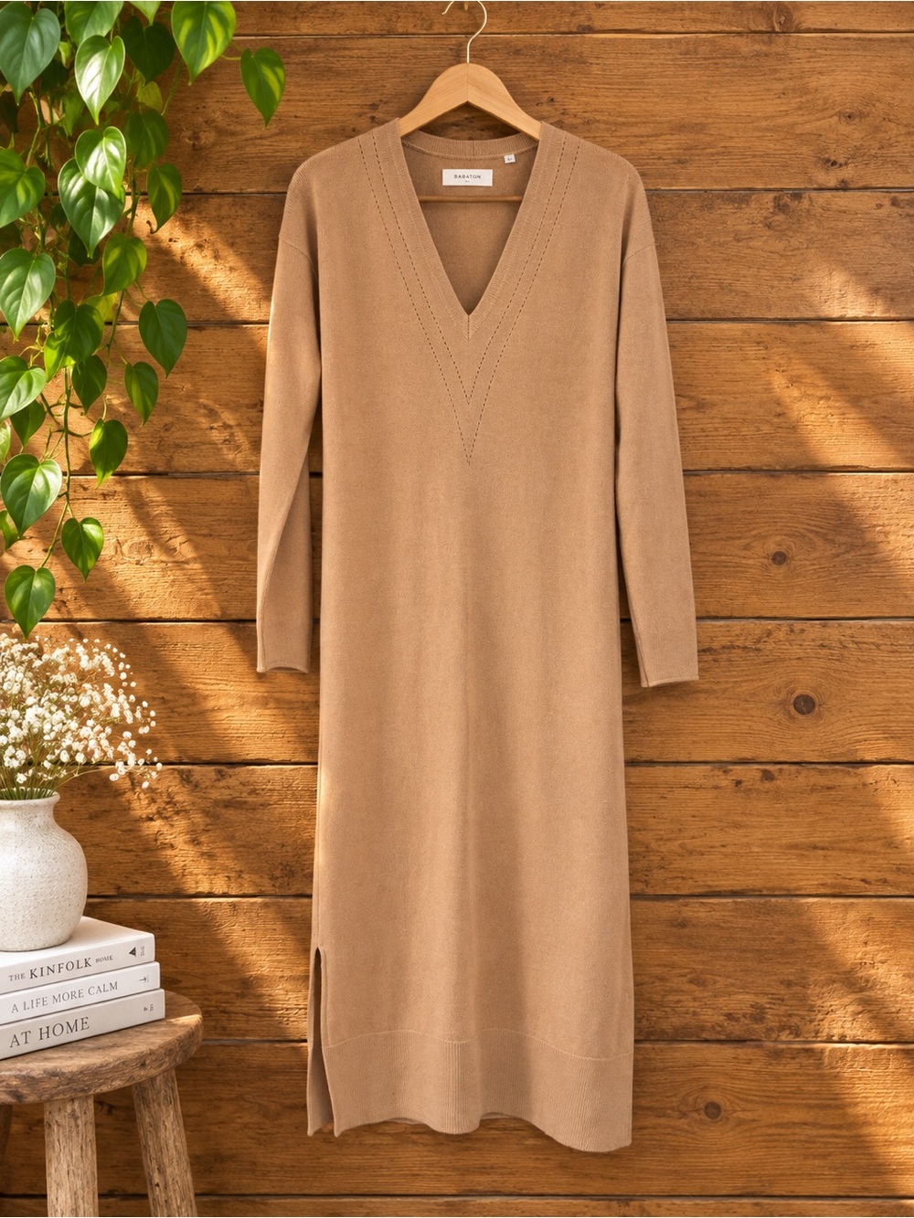 Billy Reid Cashmere Merino Wool Maxi Sweater Dress Camel V Neck Italy S